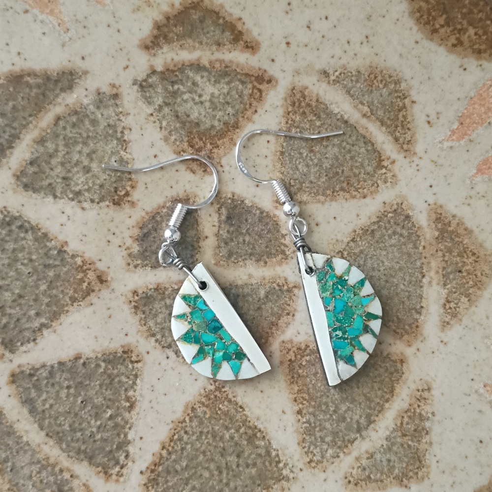 Santo Domingo Pueblo Mosaic Inlay Earrings Turquoise .925 Hooks - Picture 2 of 8
